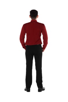 Back view of confident asian business man isolated over white background