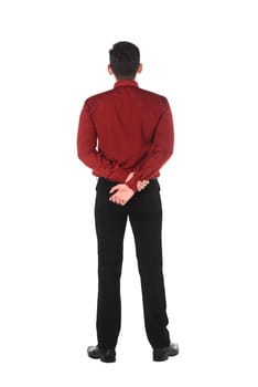 Back view of confident asian business man isolated over white background