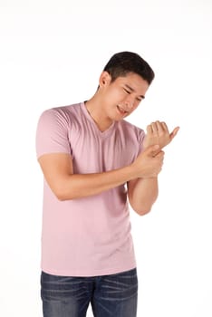 Asian man get his hand hurt isolated over white background