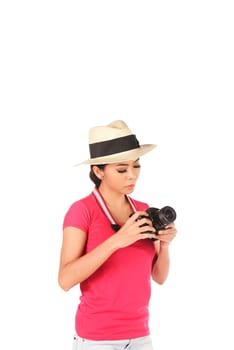 Asian photographer taking image isolated over white background