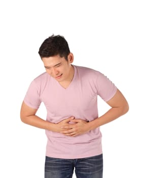 Asian man have stomach illness isolated over white background