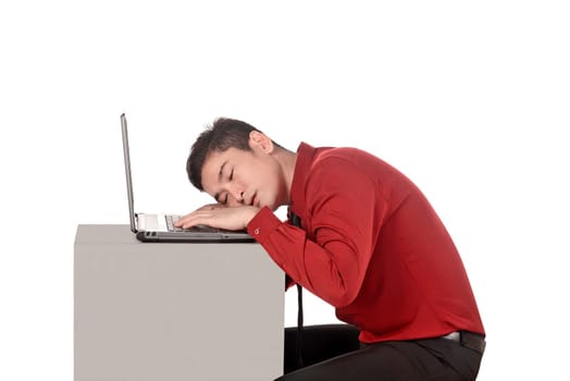 Asian business man sleeping working with laptop isolated over white background