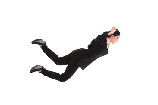 Falling and screaming business woman in formal wear over white background
