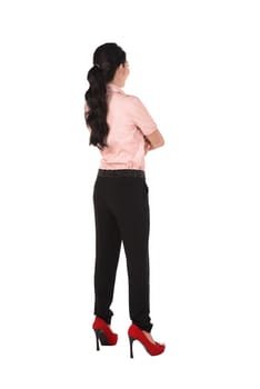 Backview of asian business woman isolated over white background