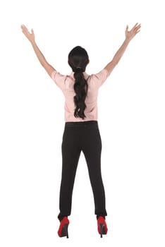 Asian business woman standing backview isolated over white background