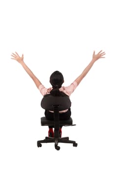Asian business woman sitting backview isolated over white background
