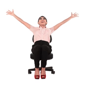 Asian business woman sitting isolated over white background