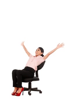 Asian business woman sitting isolated over white background