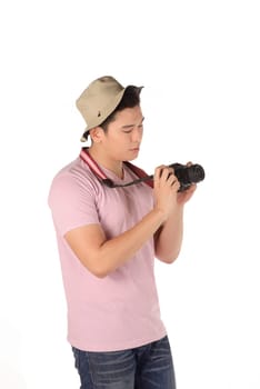 Asian photographer taking image isolated over white background
