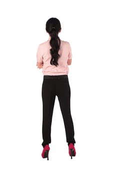 Asian business woman standing backview isolated over white background