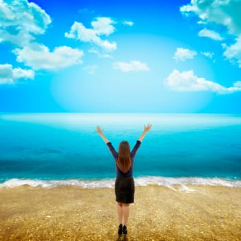 Back view of business woman facing the sea