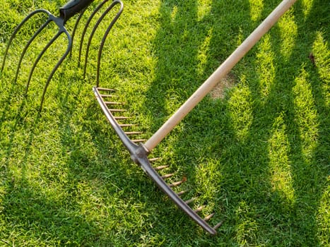 Format-filling view of a piece of lawn with rake and pitchfork and shadow casting.