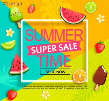 Summer geometric super sale banner with fruits, ice-cream, flowers. Vector illustration.