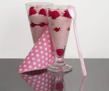 Two dessert glasses with raspberry cream and fresh berries.