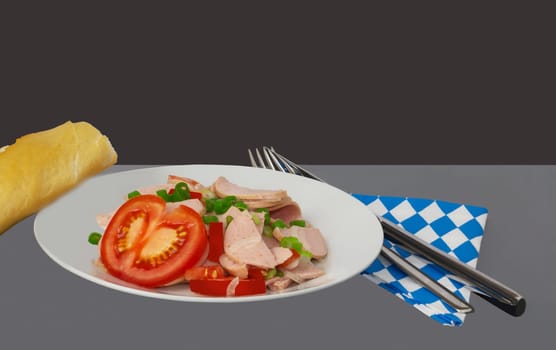 A Bavarian sausage salad is served on a plate.