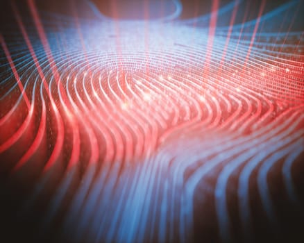 3D illustration. Fingerprint in labyrinth format, with binary codes being read by red scanner.