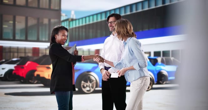 Happy couple negotiating with salesman for new car at dealership.   Middle-aged executive discussing contract with financial manager in showroom.