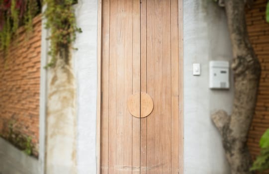 Vintage closed wooden door of house, stock photo