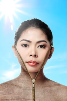 Beautiful woman changing skin, beauty concept,close up over blur background