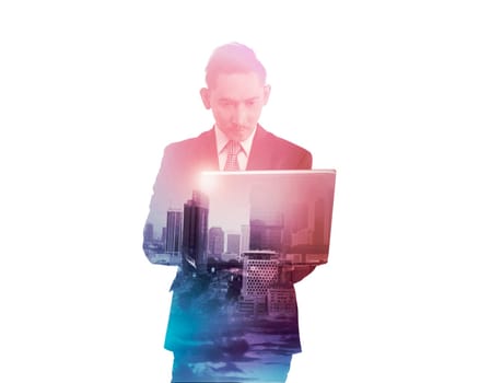 Business man with multiple exposure holding tablet computer. Business technology concept