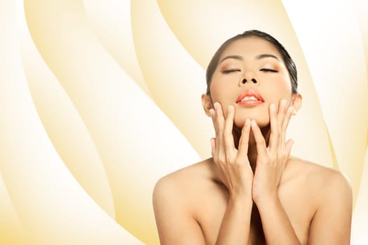 Beautiful asian woman smile over blur background