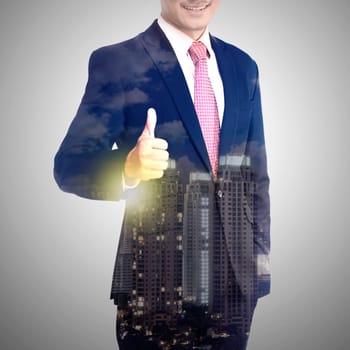 Multiple exposure business man show thumb up. Business success concept