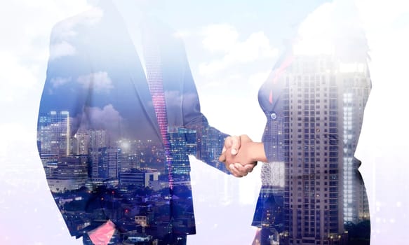Business man and woman hand shake with multi exposure background