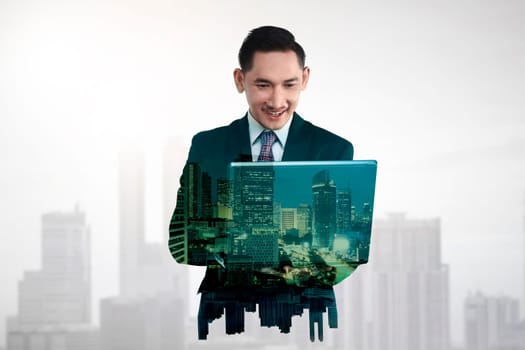 Business man with multiple exposure holding tablet computer. Business technology concept