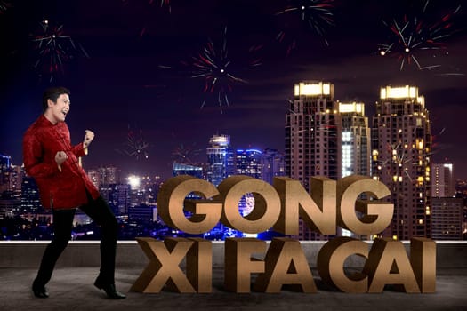 Chinese man saying gong xi fa cai. Happy chinese new year concept