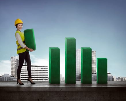 Asian business woman lifting block of chart. Business challenge concept