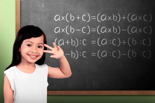little schoolgirl with green chalkboard with math formulas