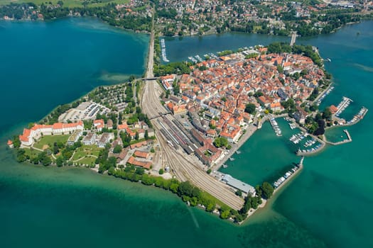 Aerial view of Lindau Island with harbour and marina in summer