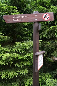 Sign with the inscription "Abbreviation to the Brocken"" near Schierke in the Harz National Park"