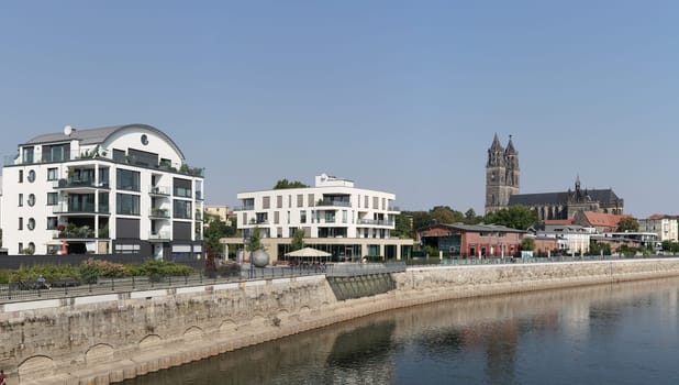 Panorama of the city of Magdeburg with the banks of the Elbe. In the background is the Magdeburg Cathedral.