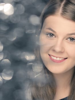 Glamorous natural skin fashion girl portrait with bokeh effects