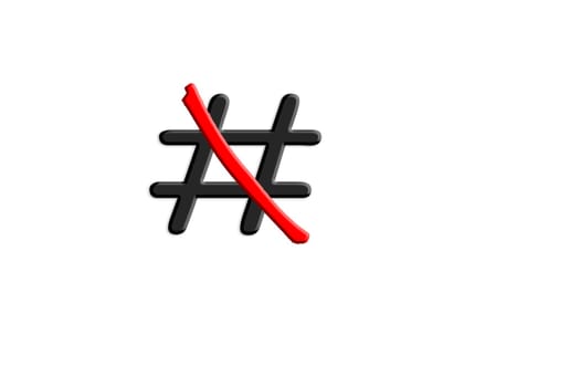 Character hashtag # red crossed out on white background..