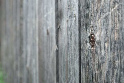 Grey wall made of wood and board with knothole and blur in the background