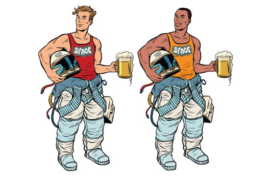 African and Caucasian cosmonaut with a beer. Astronautics and space. Strength and courage. Alcoholic beverage. Pop art retro vector illustration