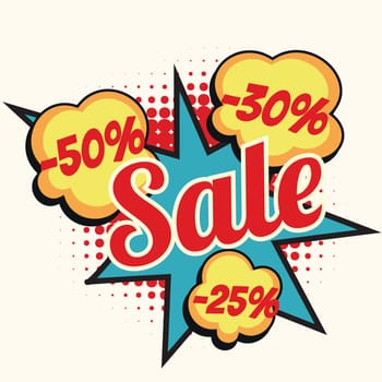 sale 50 30 25 percent discount comic book word. Pop art retro vector illustration