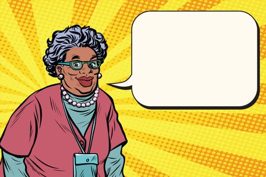 Portrait of a smiling beautiful African old woman, Granny. Pop art retro vector illustration