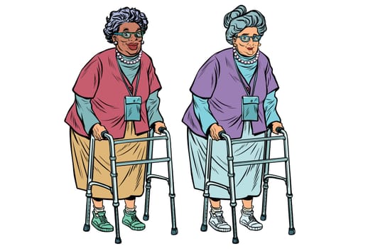 African and Caucasian old ladies with walker. active lifestyle of seniors. Pop art retro vector illustration