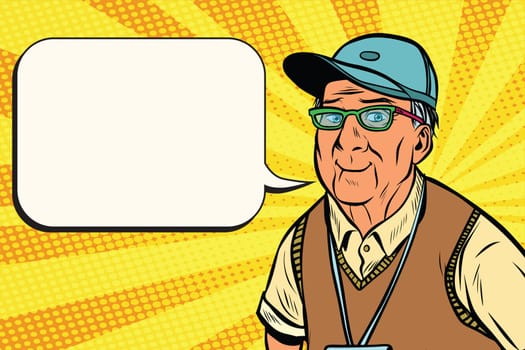 joyful old man in a baseball cap. A kind grandfather. Pop art retro vector illustration