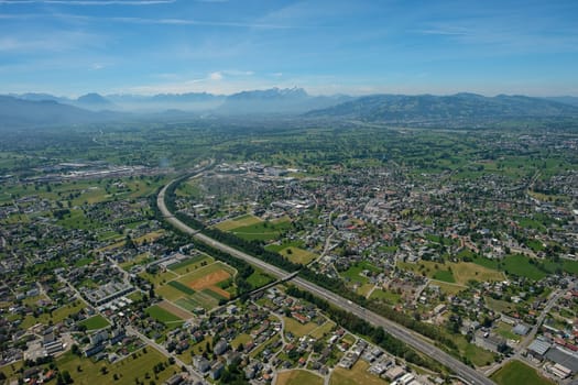 Aerial view of Bregenz,Dornbirn and Hard and Säntis Mountains in Switzerland