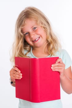 sweet blond girl with red book in front of white background