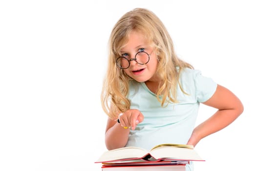 sweet funny girl with pile of books and round glasses