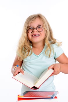 sweet funny girl with pile of books and round glasses