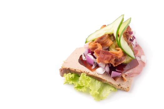 Danish specialties and national dishes, high-quality open sandwich.The very famous piece of butterbread called Veterinarian's midnight snack consisting of liverpostej, jelly and salty Beef meat