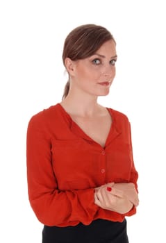 A portrait image of a beautiful young woman standing in a red blouse.with her hair back, isolated for white background..