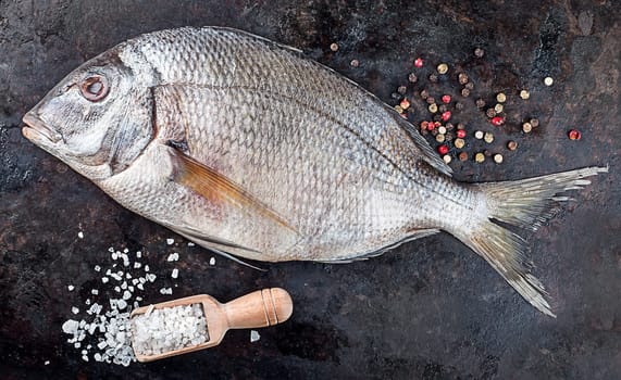 Above view of fresh uncooked dorado fish with salt and peppers over black pan