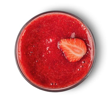 Strawberry smoothie in glass top view isolated on white background